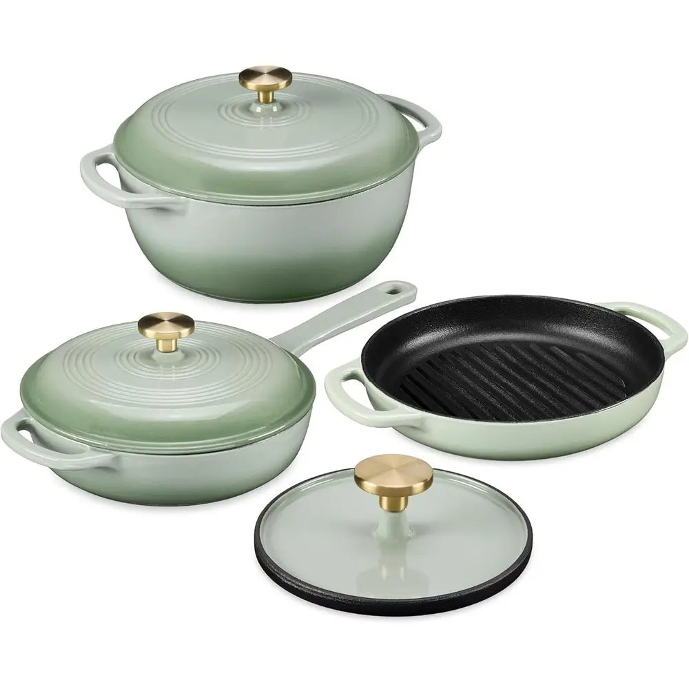 Sage Cast Iron Cookware Set With Skillet Lid 10in Grill Pan And 6Qt Dutch Oven