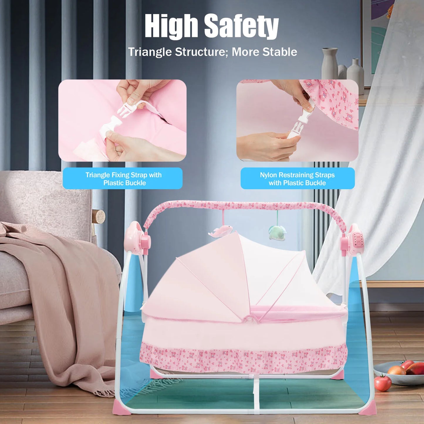 Electric Baby Crib Cradle 0 To 18 Months Foldable Swing Pink Portable