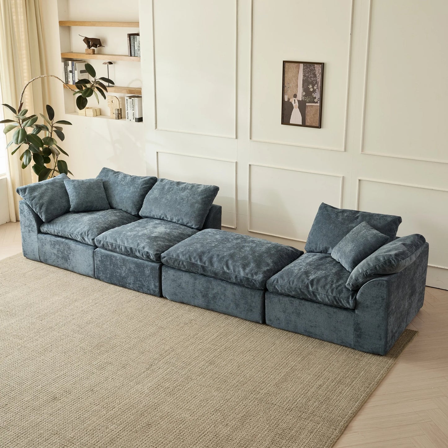 Modern Blue L Shaped 3 Seater Sofa Chenille Fabric Sectional With Ottoman