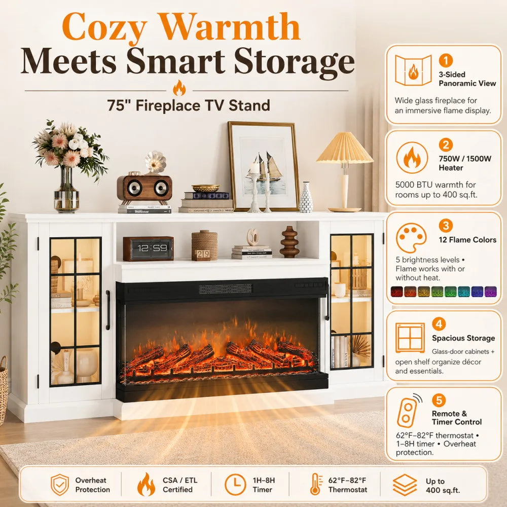 75“ TV Stand with Electric Fireplace, Farmhouse Entertainment Center for 80 Inch TV, 3-Sided Glass Fireplace Heater 5000BTU, 12 Flame Colors, Storage Cabinet with Shelves, Remote Control, Living Room Furniture