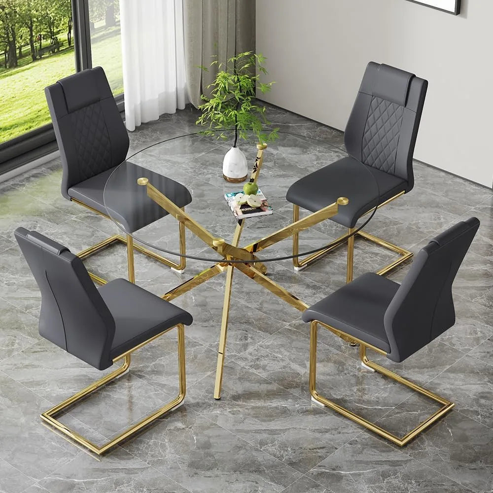 Round Glass Dining Table Set 5 Piece For 4 Modern 47 Inch