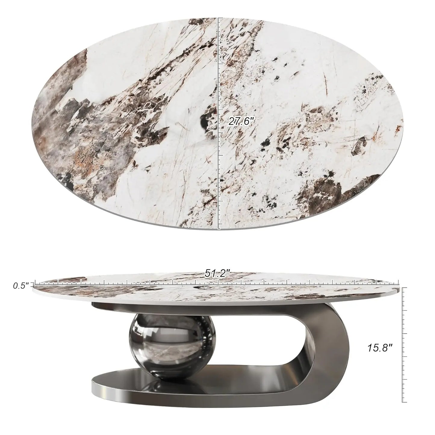 Modern Oval Coffee Table With Stainless Steel Pedestal And Faux Marble Top