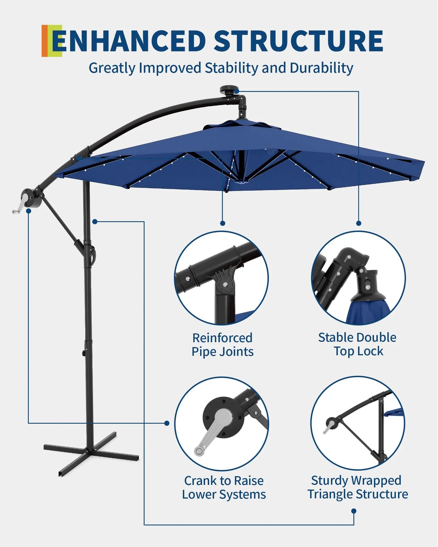 10Ft Cantilever Offset Patio Umbrella With Solar LED Lights