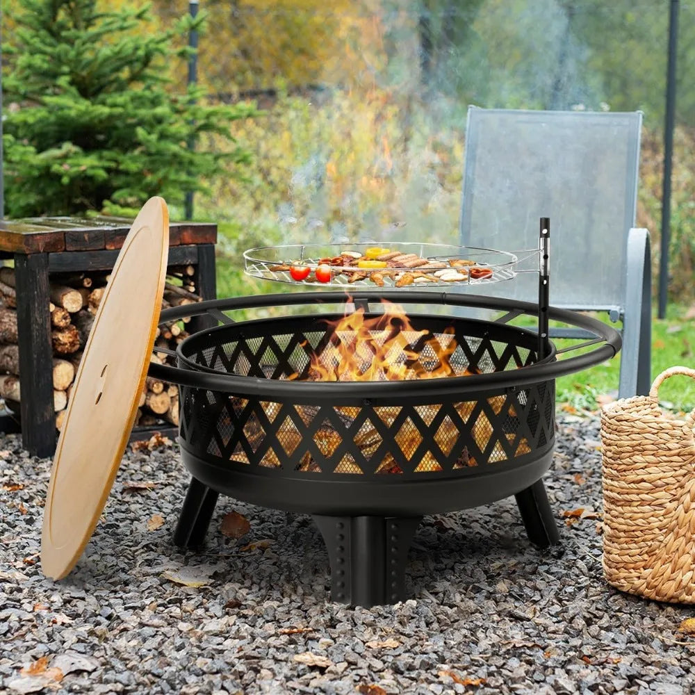 38 Inch Wood Burning Fire Pit Round Outdoor Table Grill Lid