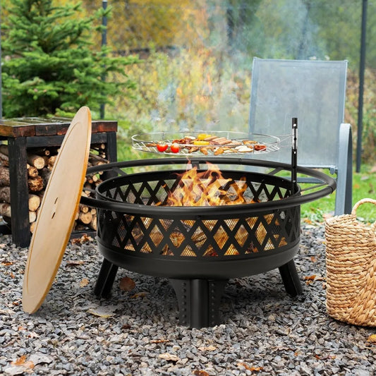 38 Inch Wood Burning Fire Pit Round Outdoor Table Grill Lid