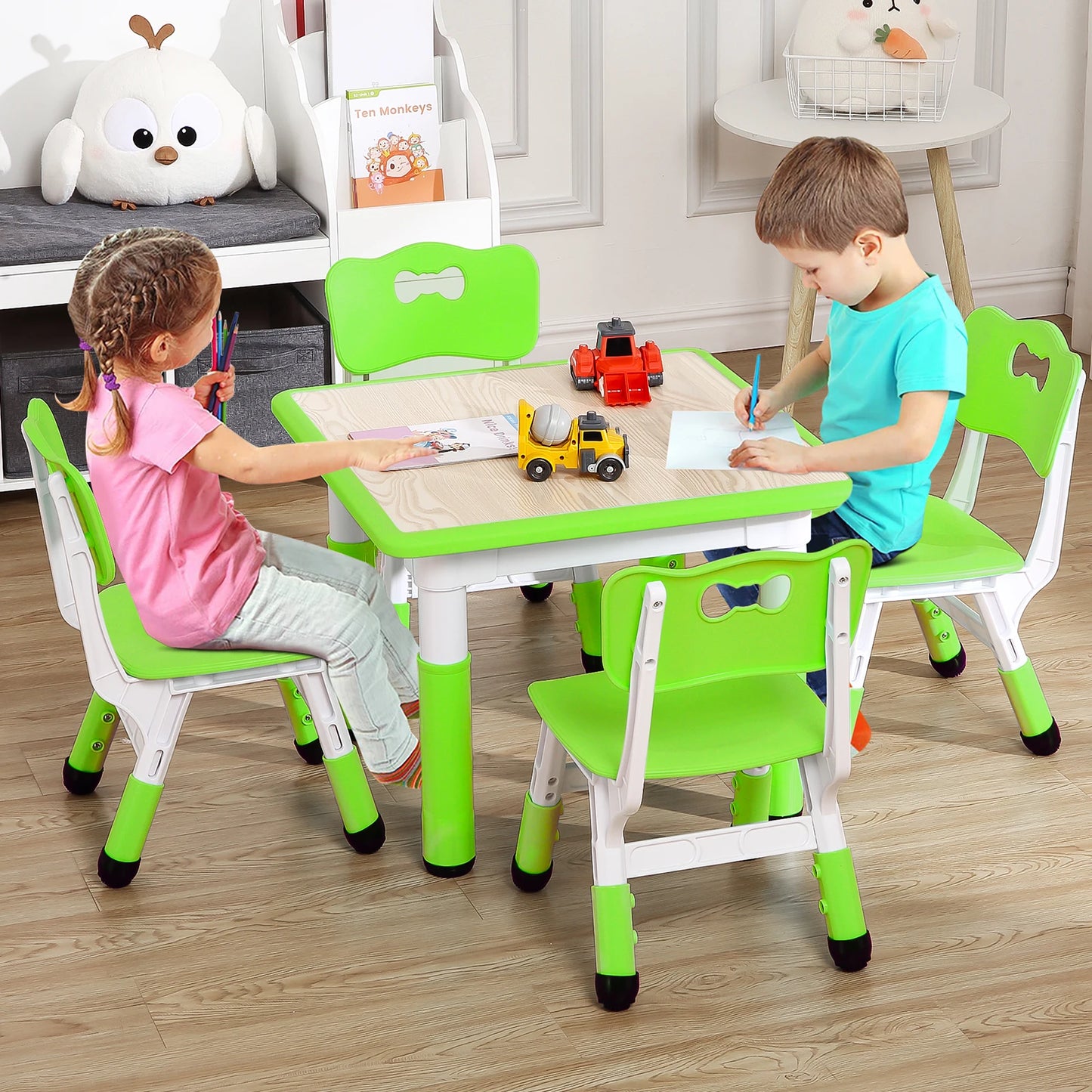 Kids Table And 4 Chairs Set Height Adjustable Non Slip Legs Graffiti Top