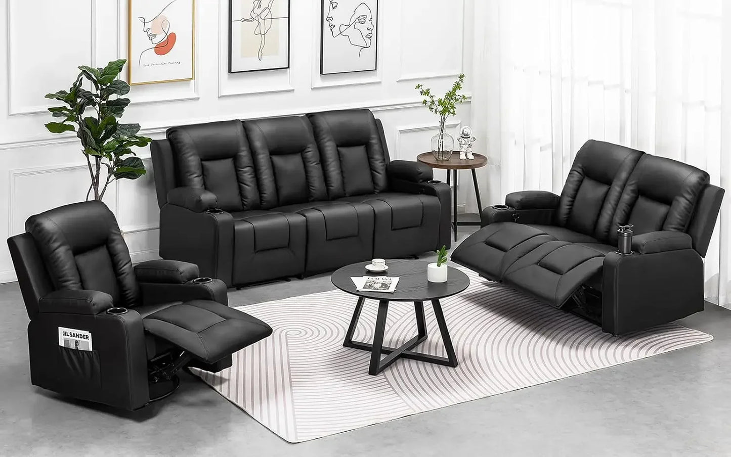 Hot salesRecliner Chair Set, Leather Recliner Living Room Furniture Sets, Recliner Sofa Loveseat (Black,Living Room Set 3+2+1)