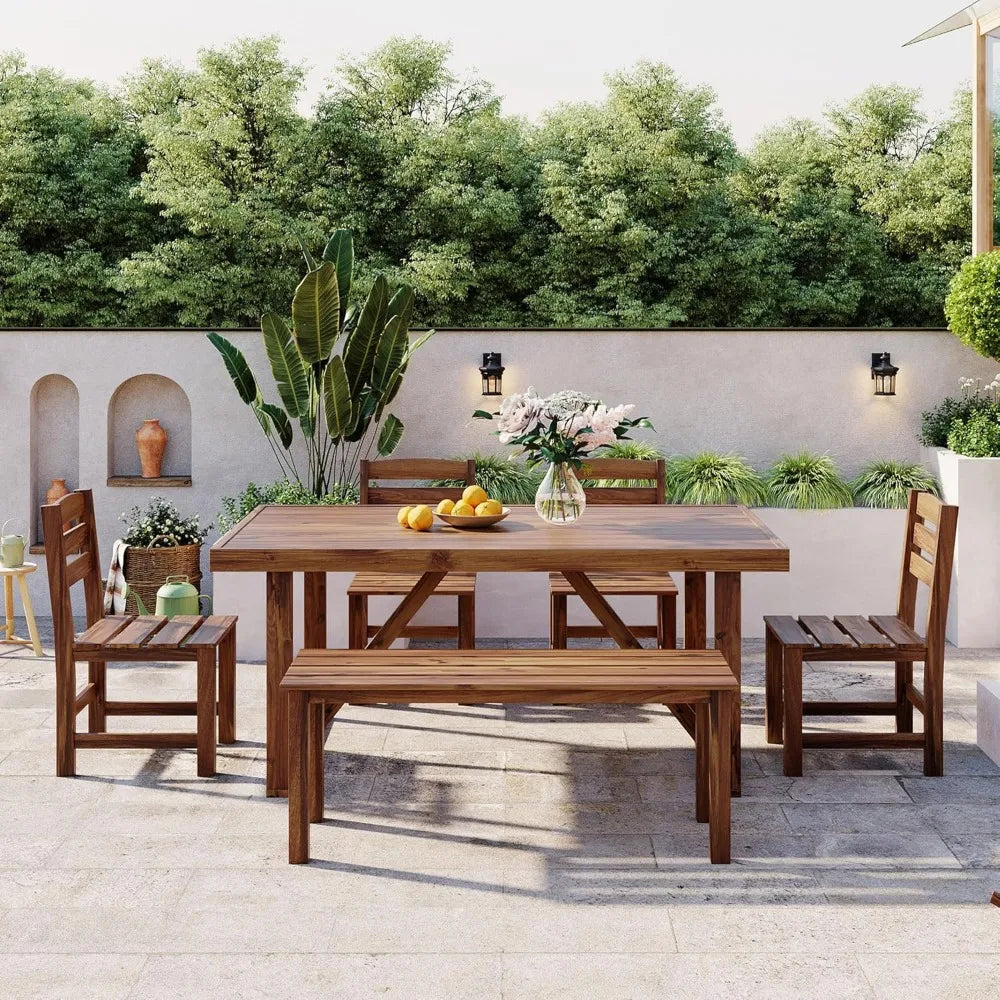 Patio Dining Table Set for 6, Acacia Wood Outdoor Table and Chairs Set, All Weather Patio Dining Set with Bench for Balcony, Bac