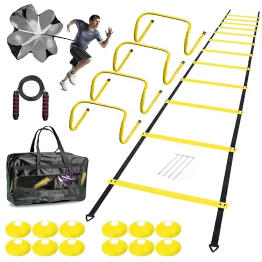 Agility Ladder Set 20 Feet With 4 Hurdles And Cones Jump Rope Parachute Training