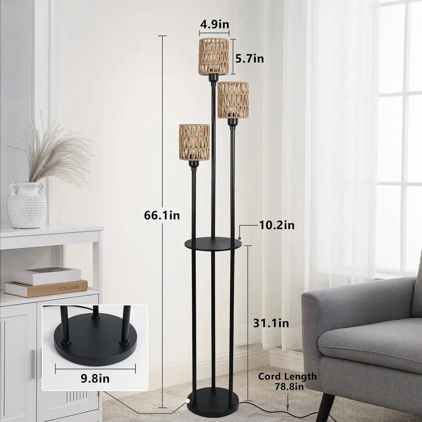 Boho Rattan 3-Light Floor Lamp with Shelves and Foot Switch for Living Room Bedroom Office