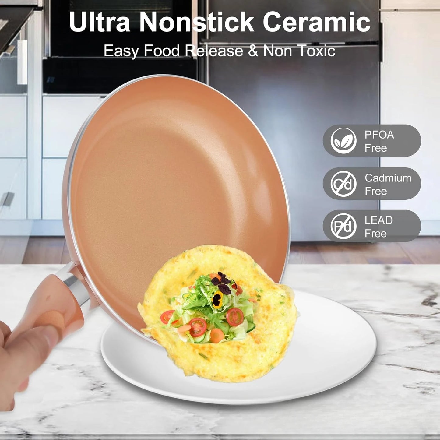 Pots and Pans Set Ultra Nonstick, Pre-Installed 11pcs Cookware Set Copper with Ceramic Coating, Stay cool handle & Nylon Kitchen