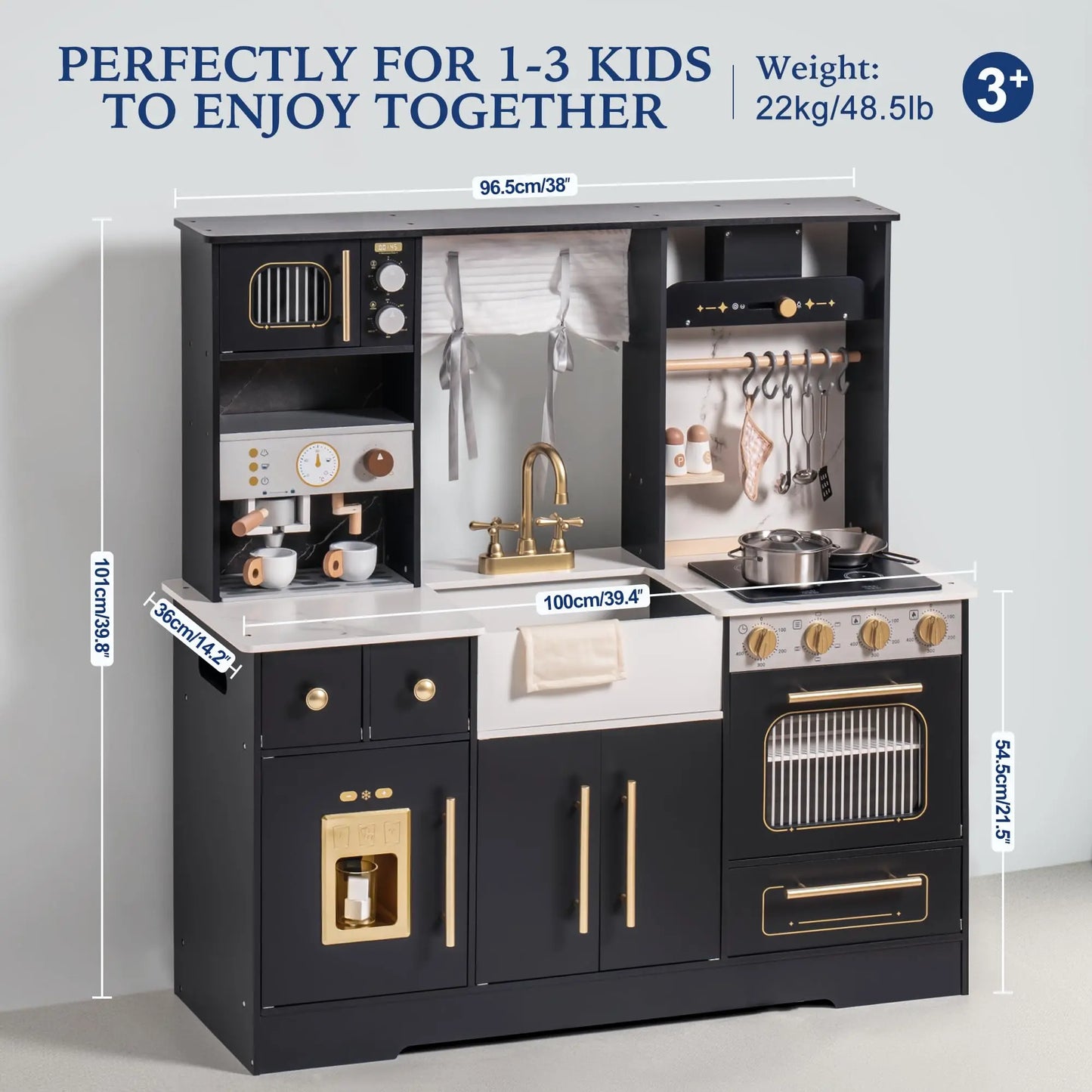 ROBOTIME Wooden Play Kitchen Toy Kitchen Set with Ice Maker and Coffee Machine Realistic Kitchen Set Gift for Toddlers