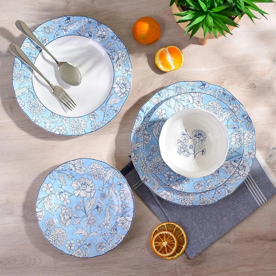 12 Piece Porcelain Dinnerware For 4 White And Blue Plates Bowls Floral Ceramic