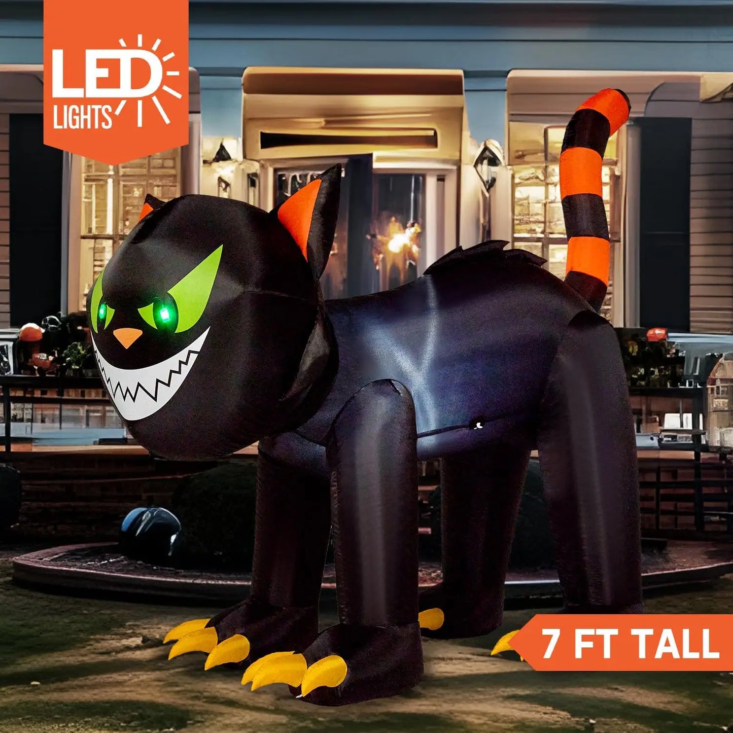 7 ft Black Cat Halloween Inflatables Outdoor Decoration Blow UpInflatable with Moving Head & Green Eyes Halloween Blow Ups Yard Decoration with LED Lights for Party Lawn Garden Decor