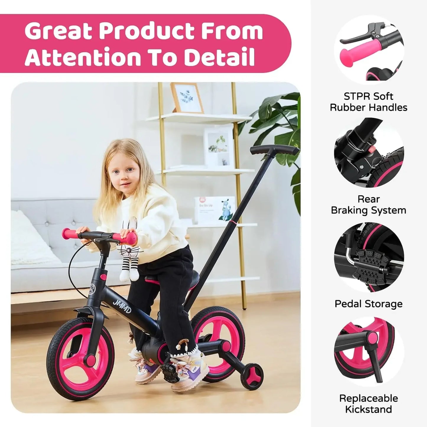 Toddler Bike With Push Handle 6 In 1 Foldable Bike Pedals Training Wheels