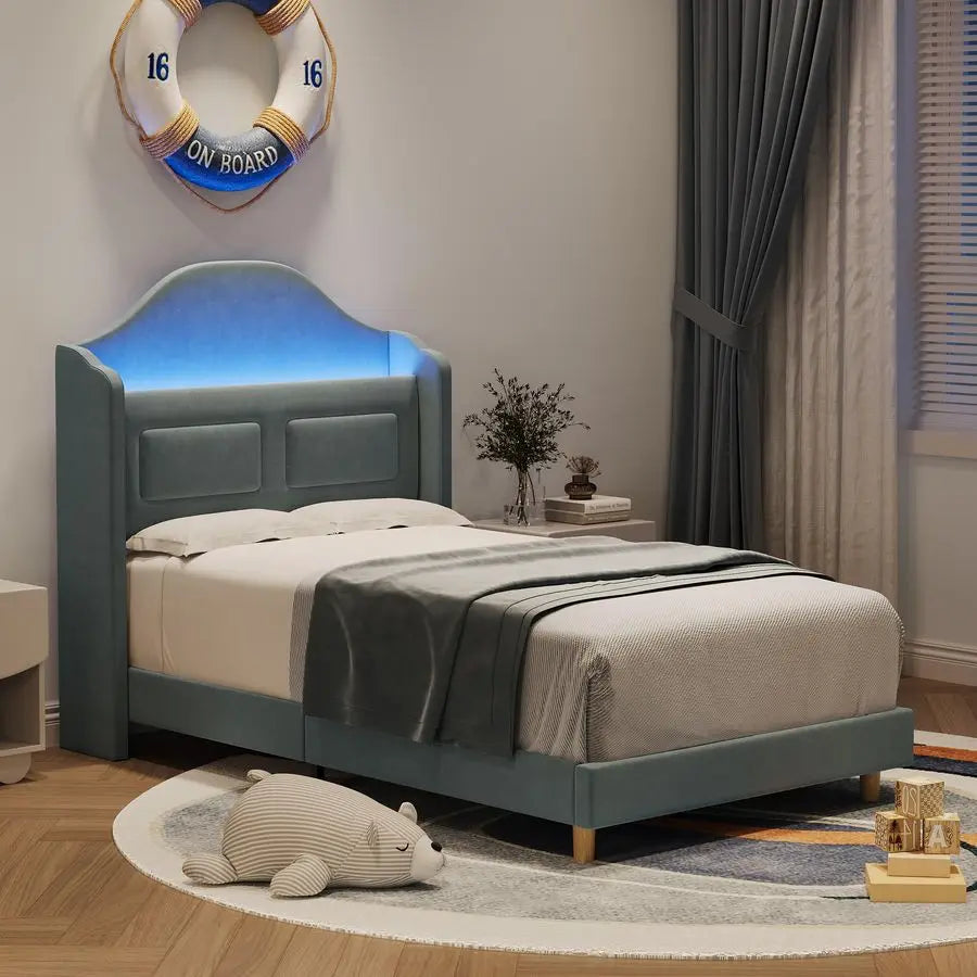 Twin Kids Velvet Platform Bed Frame With Storage Bookcase Headboard LED