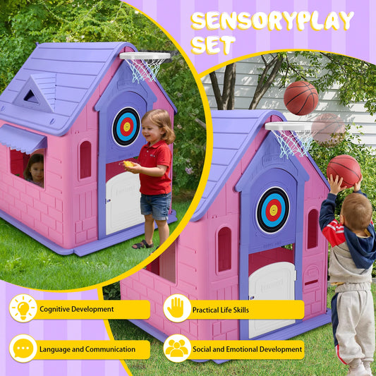 Kids Playhouse With Basketball Hoop Dartboard Indoor Outdoor Playset Garden