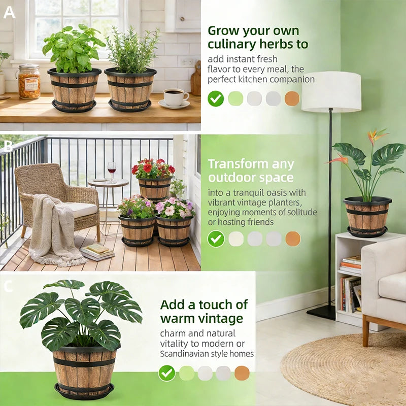 Indoor Large Flower Planter Resin Plant Pot Outdoor Imitation Wooden Barrel for Balcony Garden, Home Office Decor
