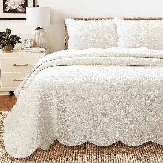 Off White Cotton Matelasse Embossed Quilt Set Reversible Lightweight Bedspread