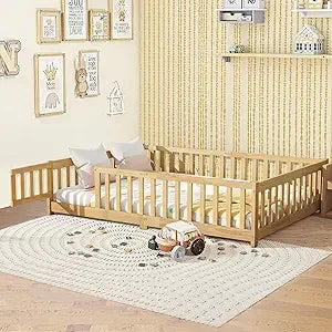 Full Size Floor Bed, Toddler Floor Bed Frame with High Guardrails, Solid Wood Montessori Beds Full with Support Slats, Fence and