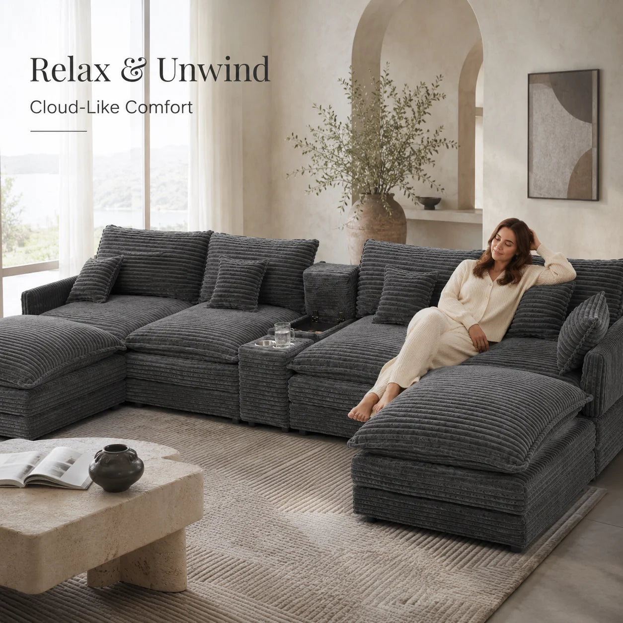 141 Inch 7 Piece U Shaped Sofa Set With Console Coffee Table And Pillows