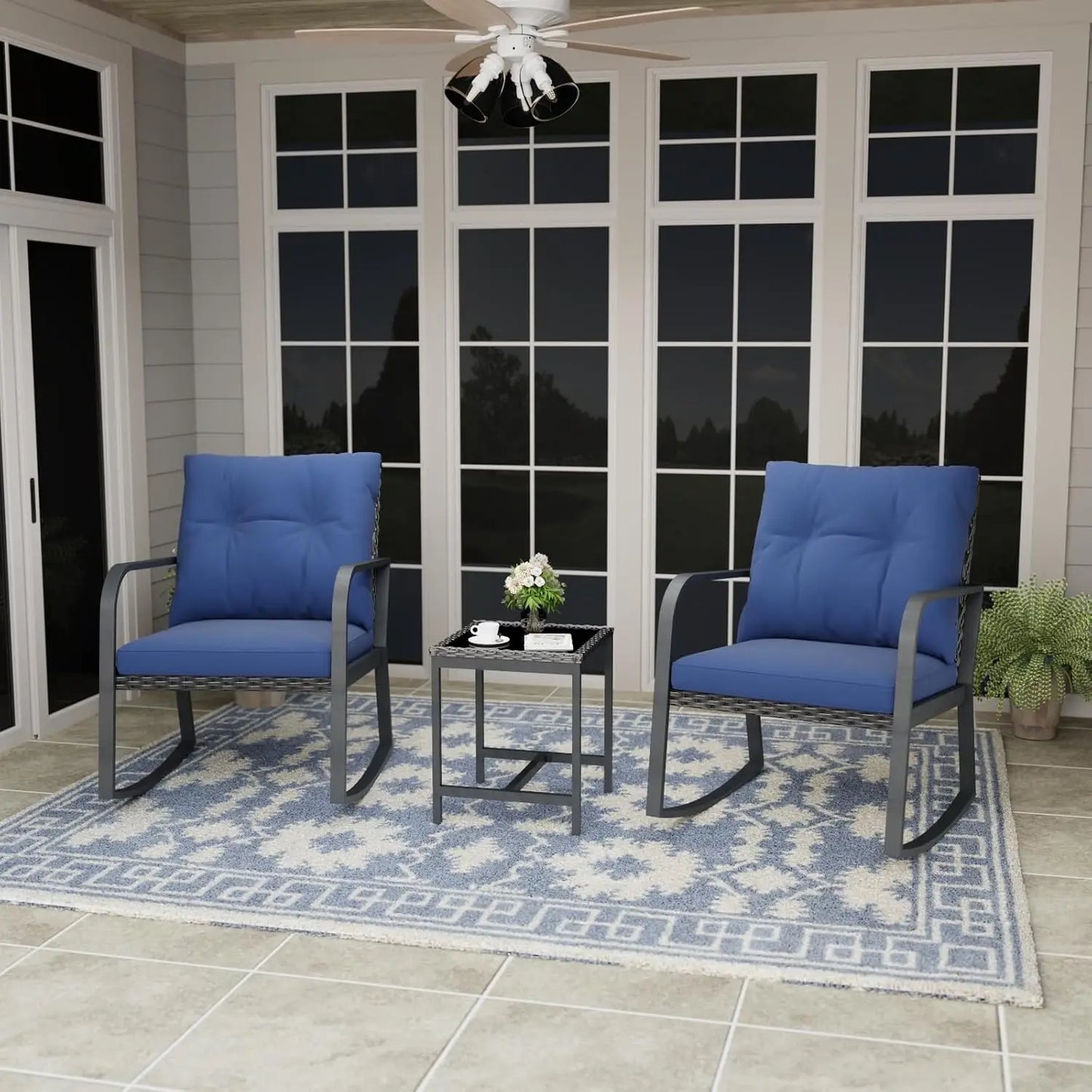 Bistro 3 Piece Patio Set With Rattan Rocking Chairs And Table Outdoor
