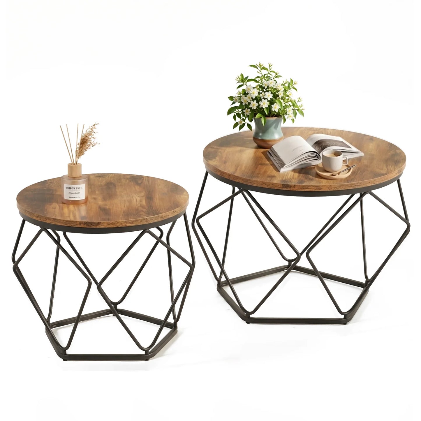 20 Inch Round Geometric Metal Coffee Table Set Of 2 Nesting Side Tables