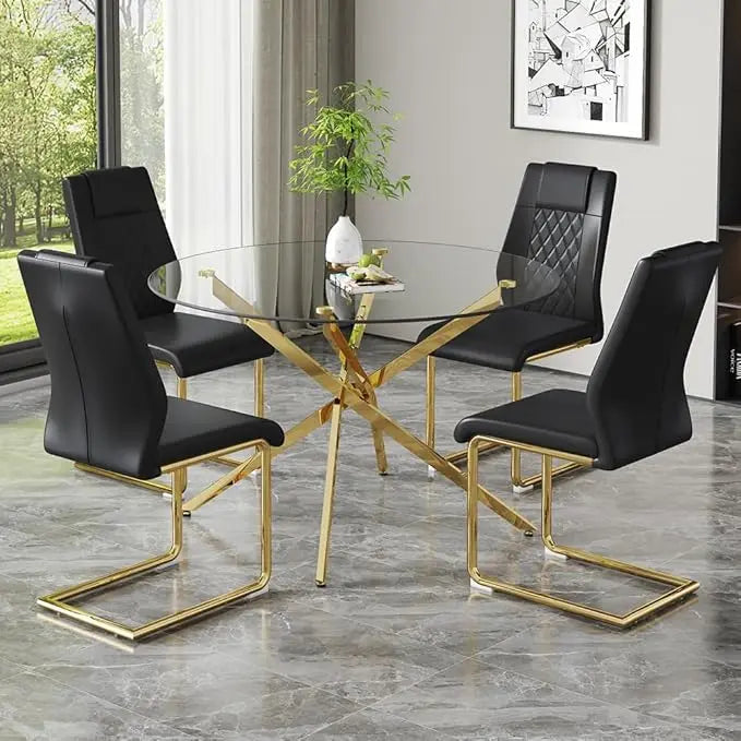 Round Glass Dining Table Set 5 Piece For 4 Modern 47 Inch