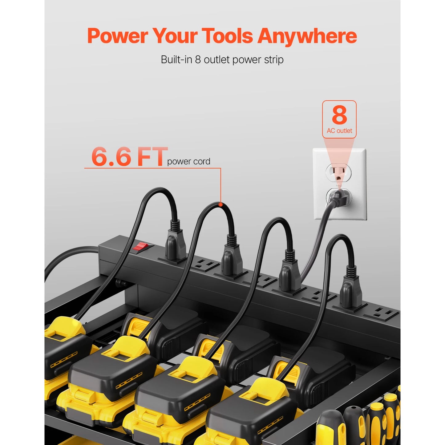 VEVOR 4 Tier Tool Cart With Charging Station Floor Stand And 8 Outlet Strip