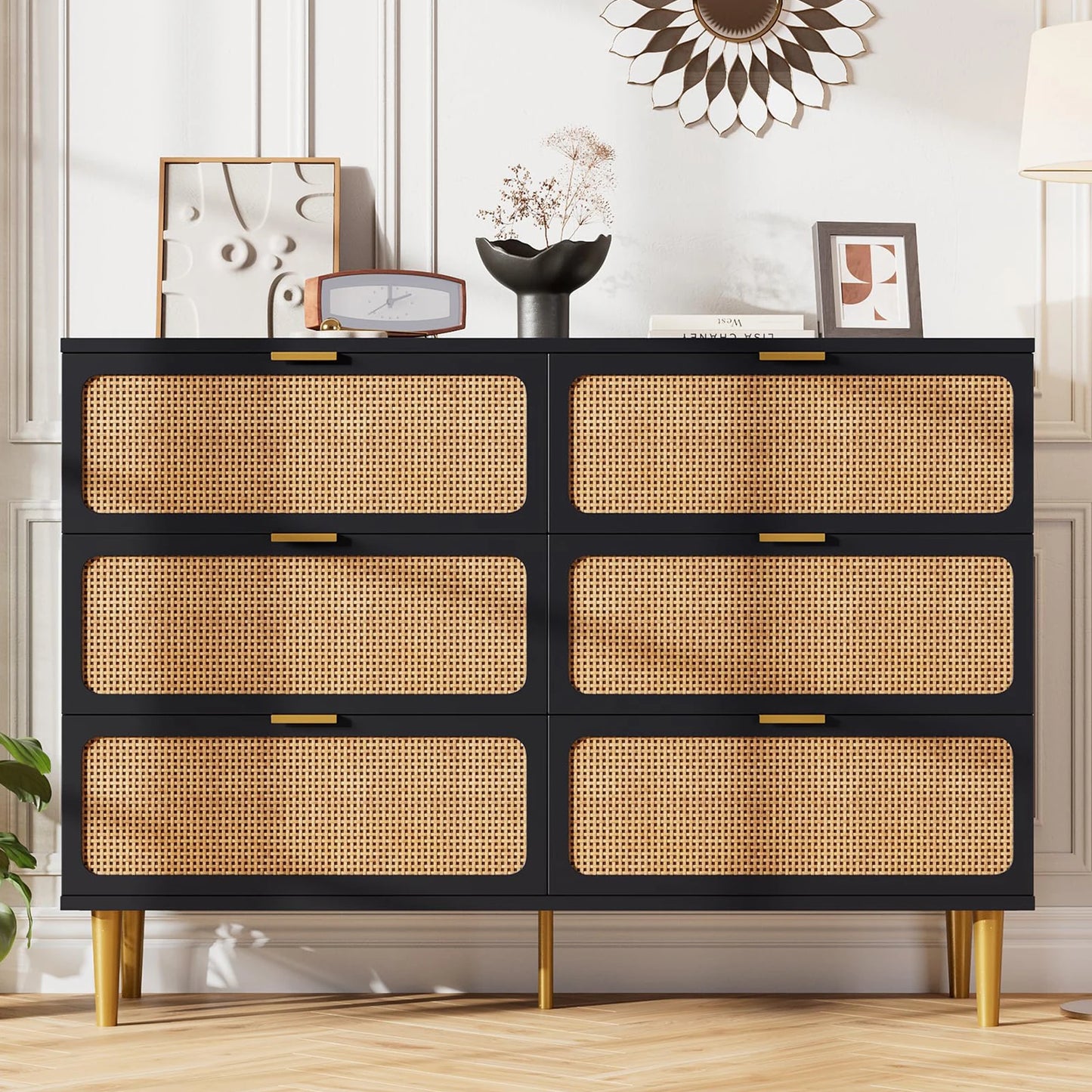 6 Drawer Rattan Dresser Natural Handwoven Rattan Wood For Bedroom Living Room