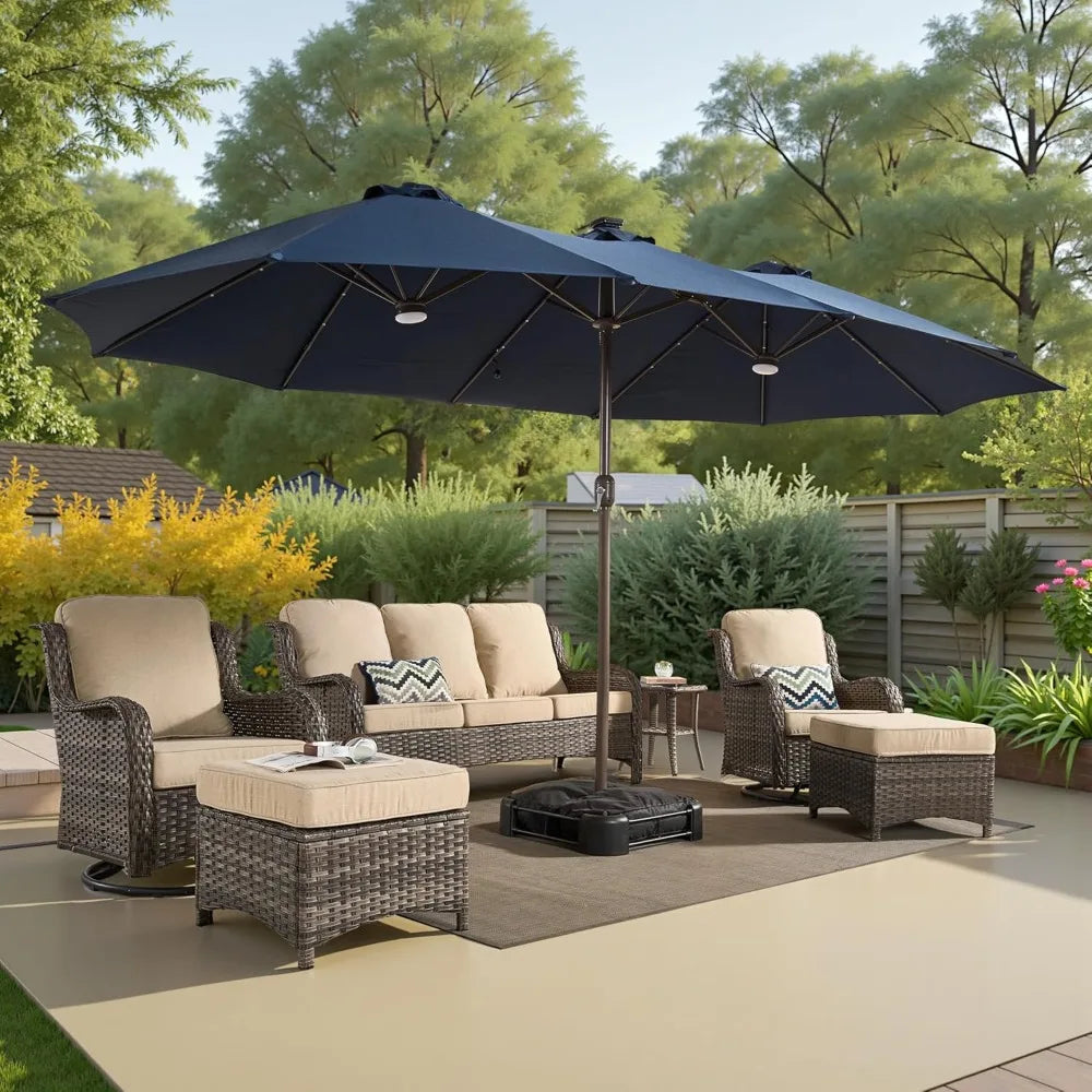 15ft Rectangle Double Sided Patio Umbrella With Base And 38 LED Solar Lights