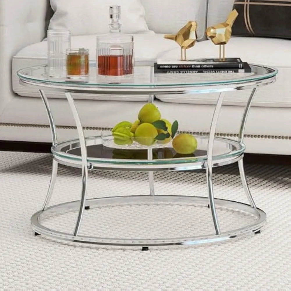 O&K FURNITURE Glass Coffee Table, 2-Tier Modern Living Room Table with Shelf, Tempered Glass & Chrome Frame, Silver Center Table