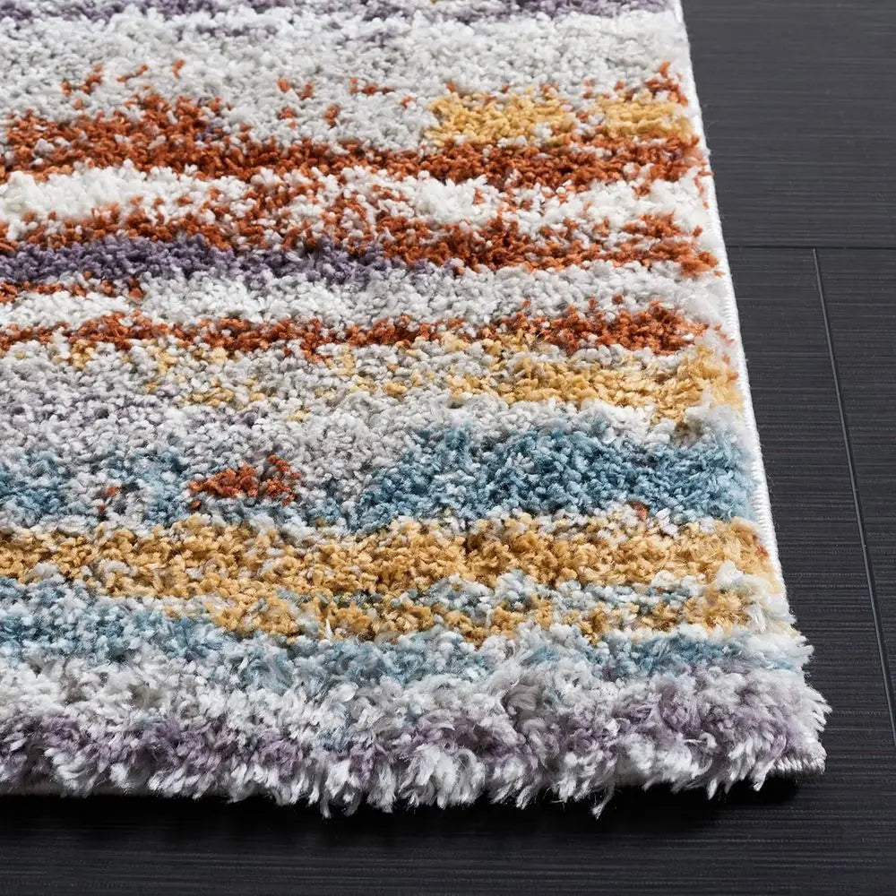 Shag Collection Area Rug 9 Ft By 12 Ft Blue Rust Ivory Stripe Non Shedding