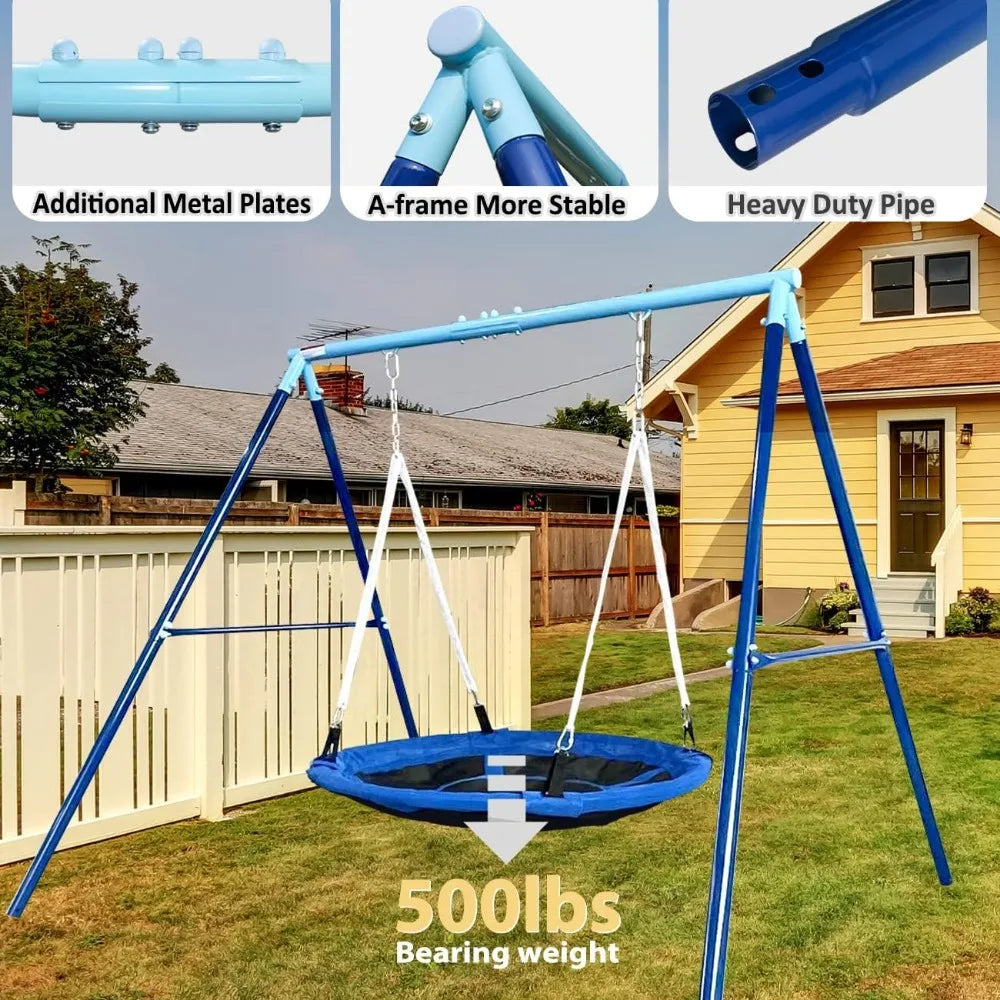 Heavy Duty 500lbs Saucer Swing Set - Outdoor Metal Frame Playground Equipment for Backyard, Includes 45'' Tree Swing & Adjustabl