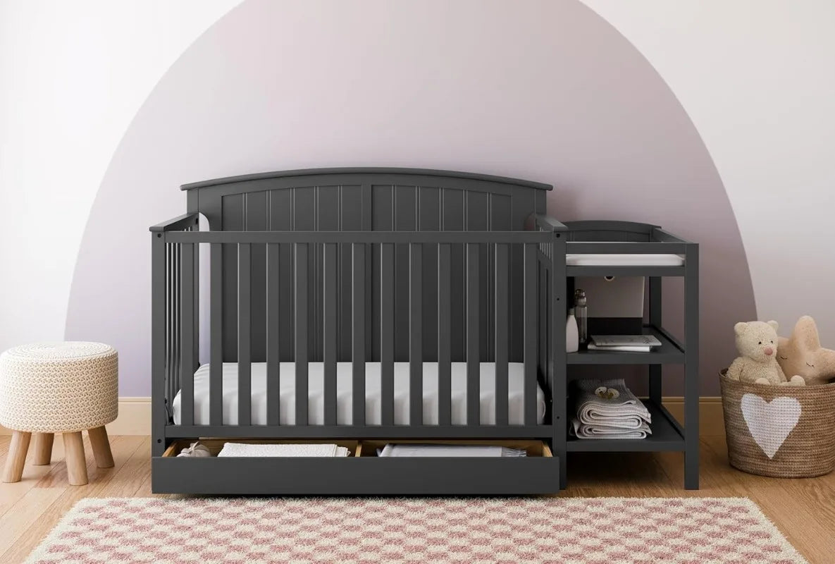 5-In-1 Convertible Crib And Changer With Drawer Gray GREENGUARD Gold Certified