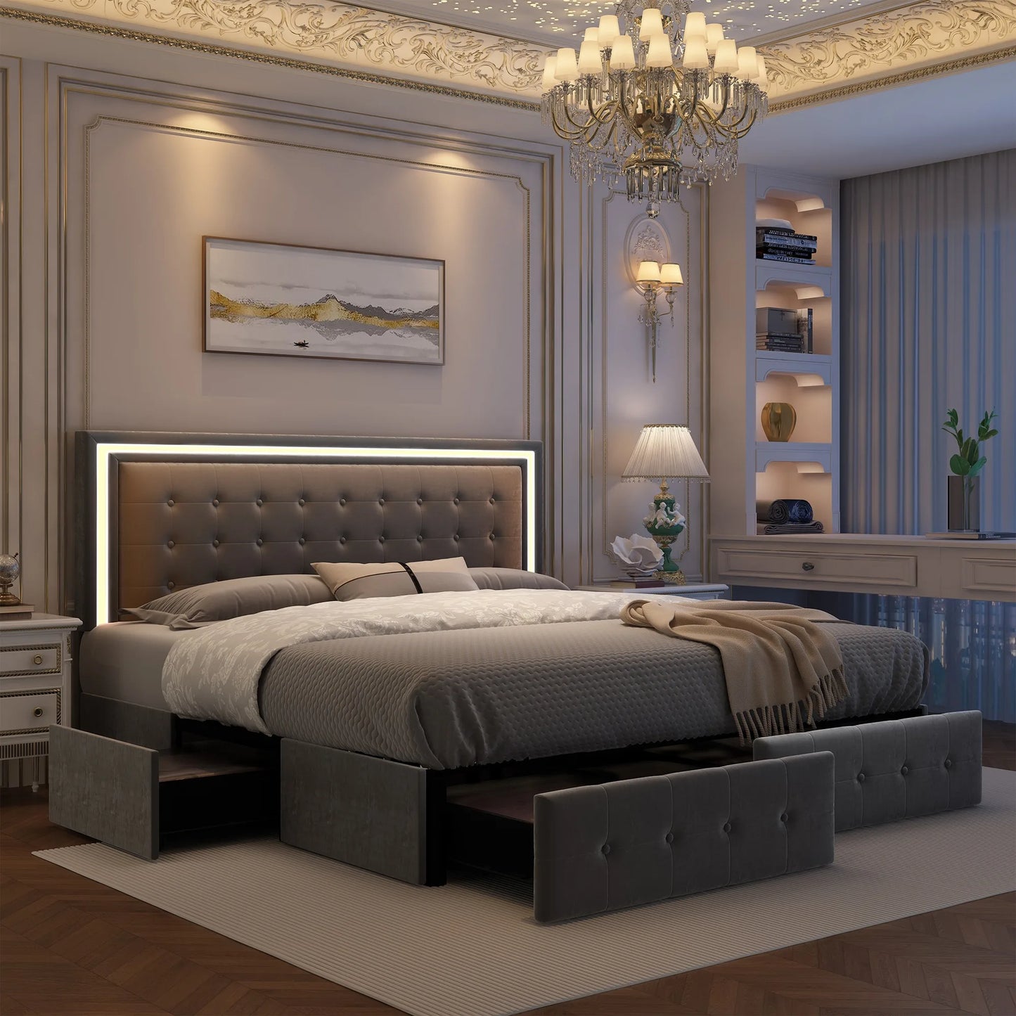GEGOFORU Queen LED Bed Frame 4 Storage Drawers RGBW Headboard PU Upholstered