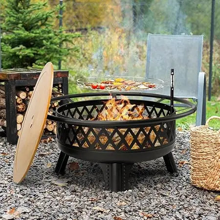 38 Inch Wood Burning Fire Pit Round Outdoor Table Grill Lid