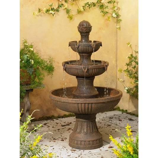 Rustic Outdoor Floor Fountain and Waterfall 41 1/2 "high 3 Level Decorated Garden Terrace, Family Lawn, Relaxing Fountain
