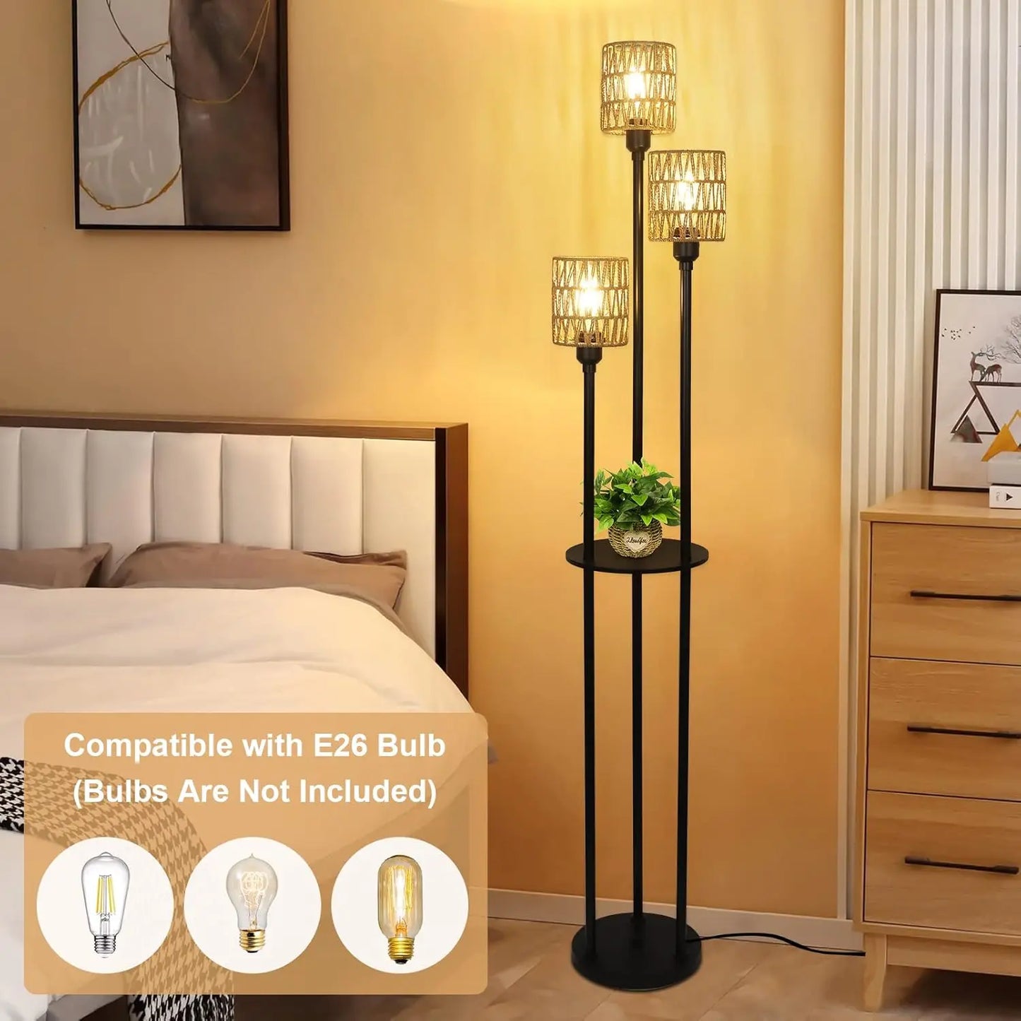 Boho Rattan 3-Light Floor Lamp with Shelves and Foot Switch for Living Room Bedroom Office