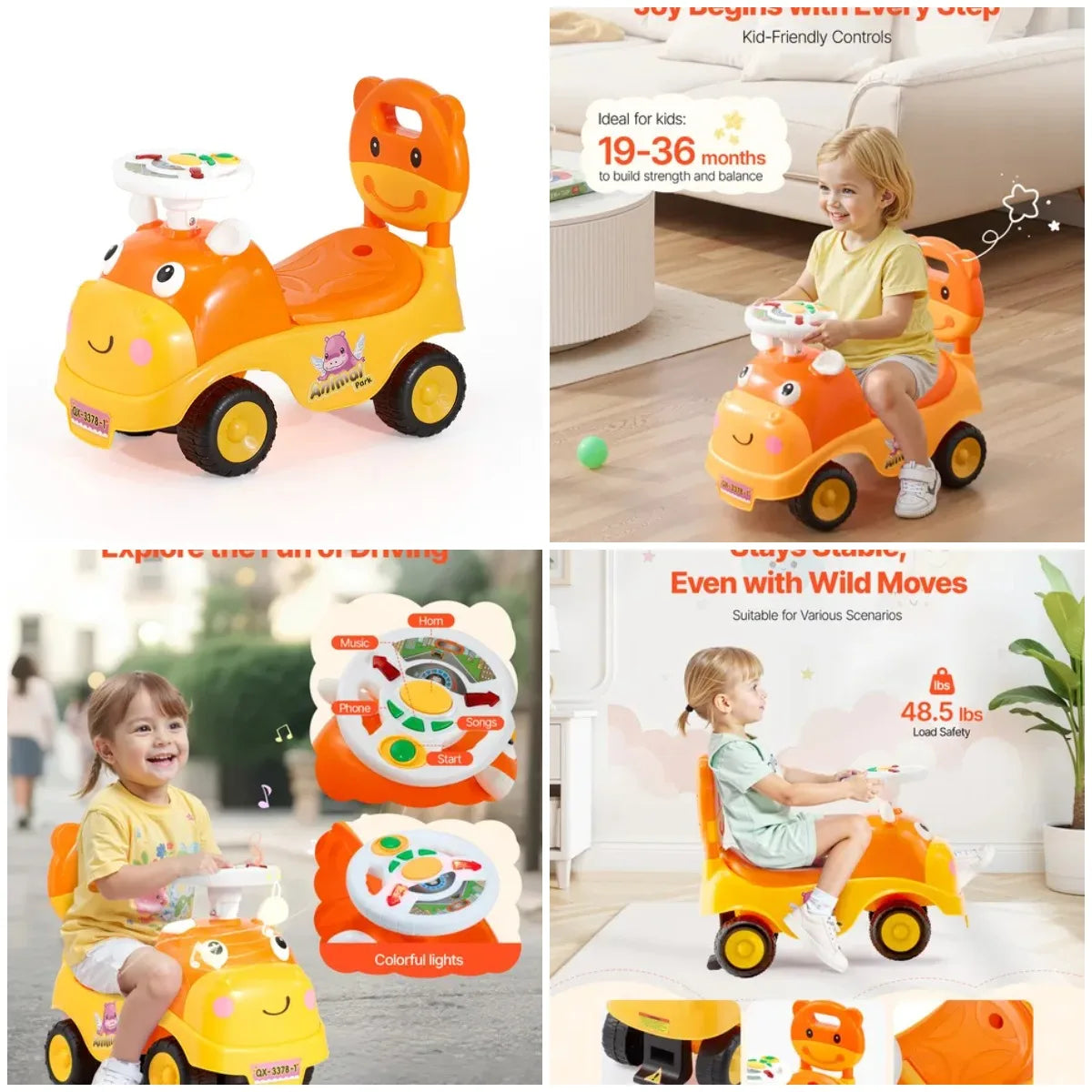 Ride On Toddler Push Car For 19-36 Months With Horn Music Under Seat Storage