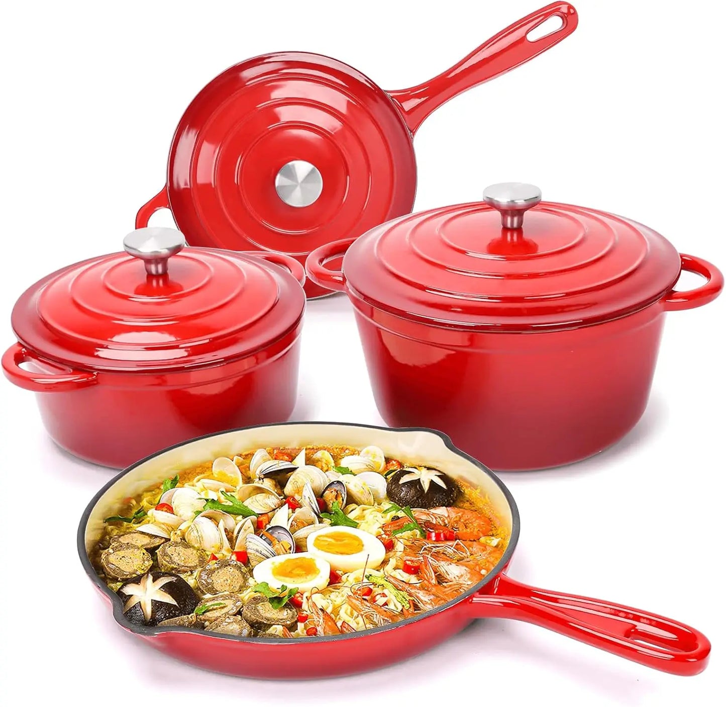 Enameled Cast Iron Cookware Set - 7 Piece Dutch Ovens Set, Sauce Pan, Skillet, 3 Lids, Pots and Pans Set, Ceramic Coated Cast I
