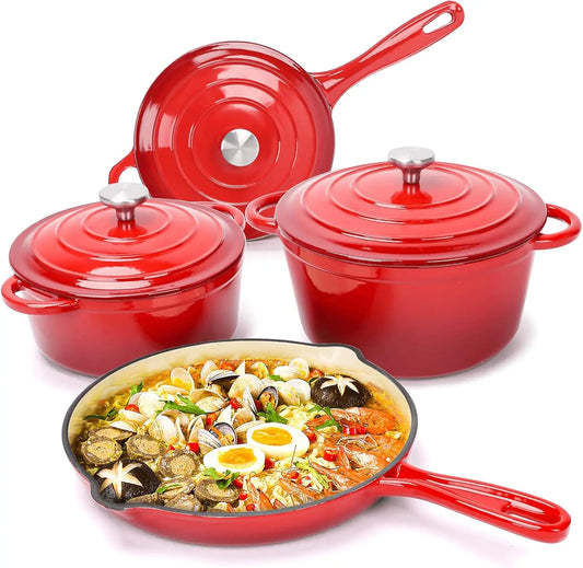 Enameled Cast Iron Cookware Set - 7 Piece Dutch Ovens Set, Sauce Pan, Skillet, 3 Lids, Pots and Pans Set, Ceramic Coated Cast I