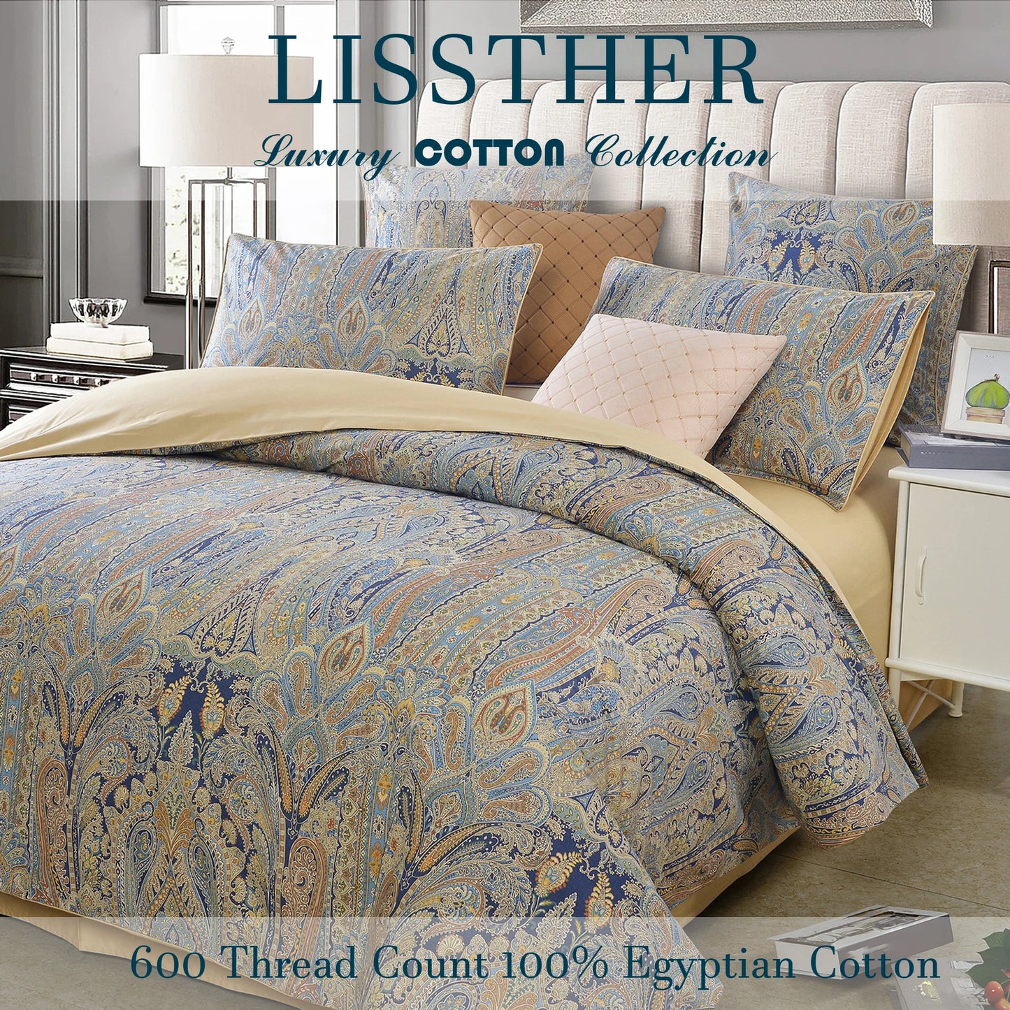3Pc 600TC 100 Percent Egyptian Cotton Duvet Cover Set Bohemian Paisley Royal