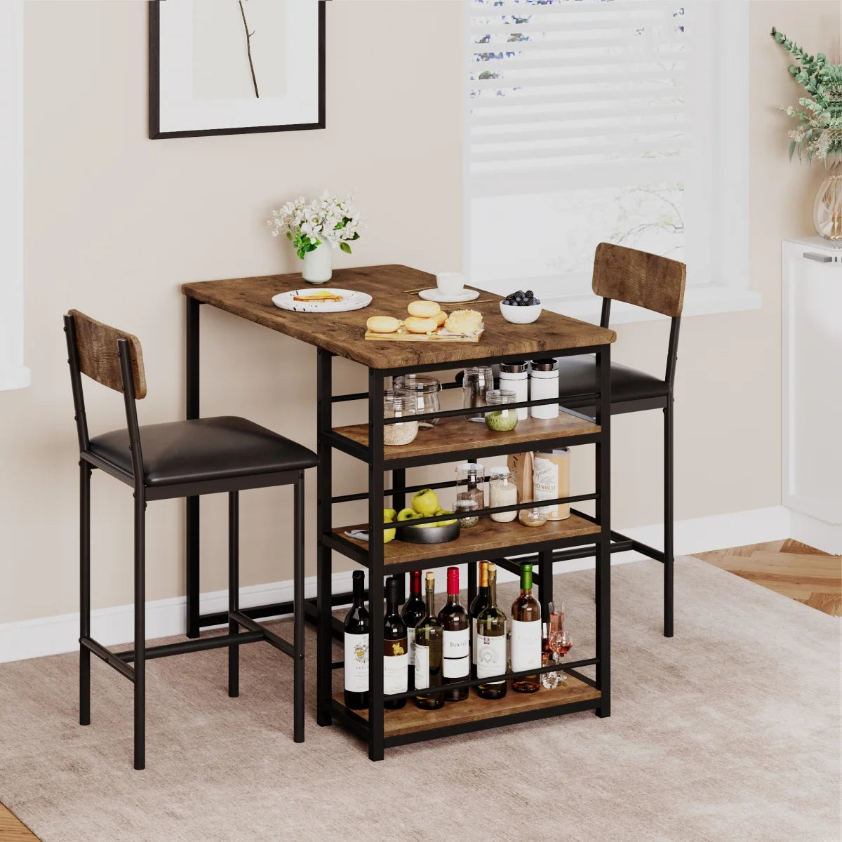 2-Person Dining Table Set,Bar Table with 2 Upholstered Chairs &3 Storage Shelves Small Space Kitchen Table for Apartment,Pub Sty