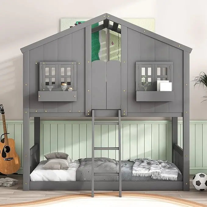 Twin Over Twin Bunk Bed with 2 Drawers, 1 Storage Box, 1 Shelf, Window and Roof, Wood Playhouse Bed Frame for Kids Boys Girls Te