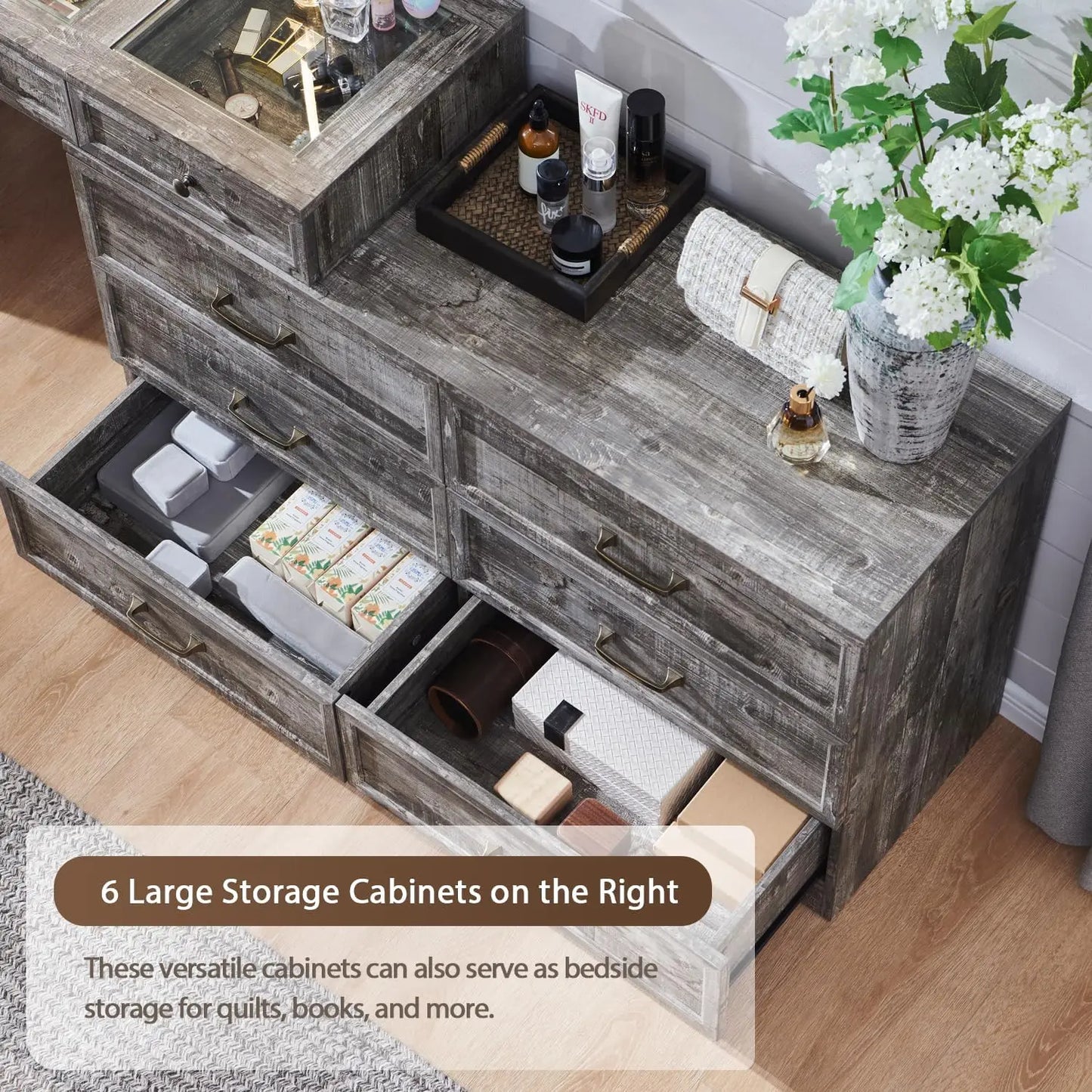 69 Inch Wide Rustic Wood Bedroom Dresser With Glass Top 9 Drawers LED Mirror