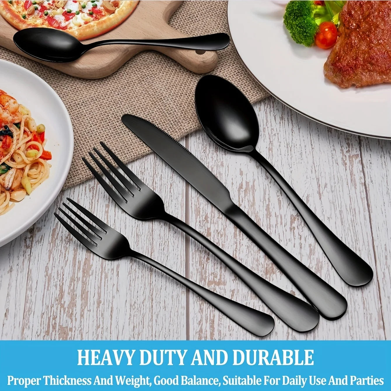36-Piece Black Flatware Set With Steak Knives Food-Grade Stainless Steel Cutlery