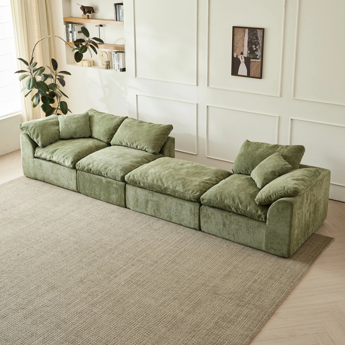 109 Inch Modern Cloud L Shaped Oversized Deep Seat Chenille Green Modular Sofa
