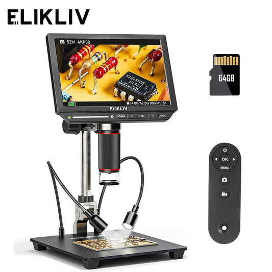 Elikliv EM4K 4K HDMI Digital Microscope Electronics PCB Inspection 10in Stand