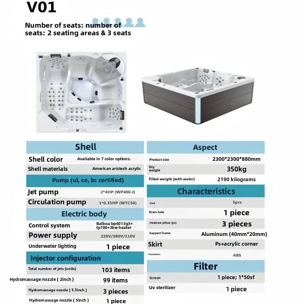 Outdoor Jacuzzi Spa Hot Tub Large Acrylic Massage Bathtub Thermostatic Villa